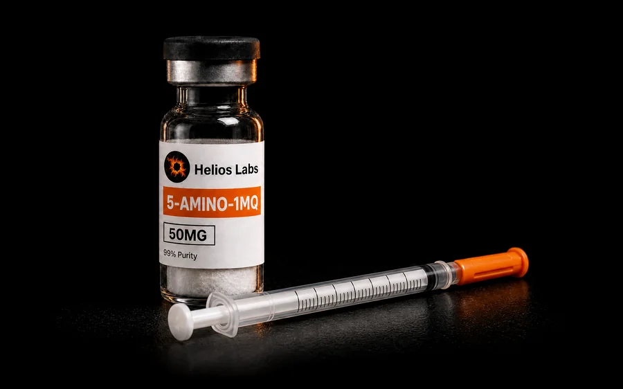 A 5-Amino-1MQ 50mg vial and an insulin syringe on black stone